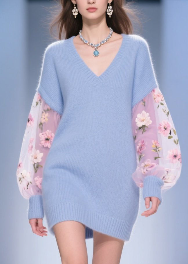 Tulle Floral Balloon Sleeve V-Neck Knit Patchwork Mini Dress