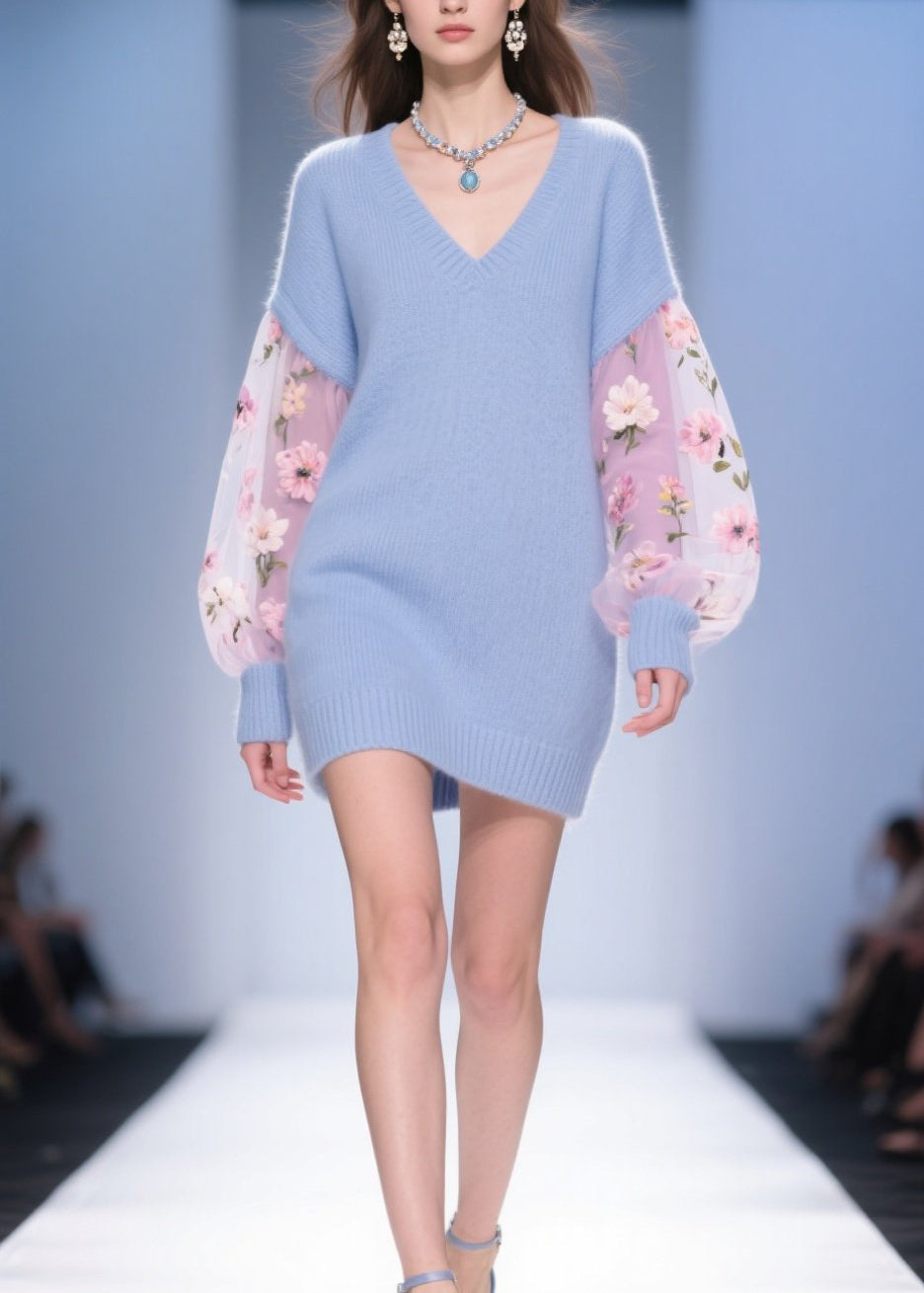 Tulle Floral Balloon Sleeve V-Neck Knit Patchwork Mini Dress