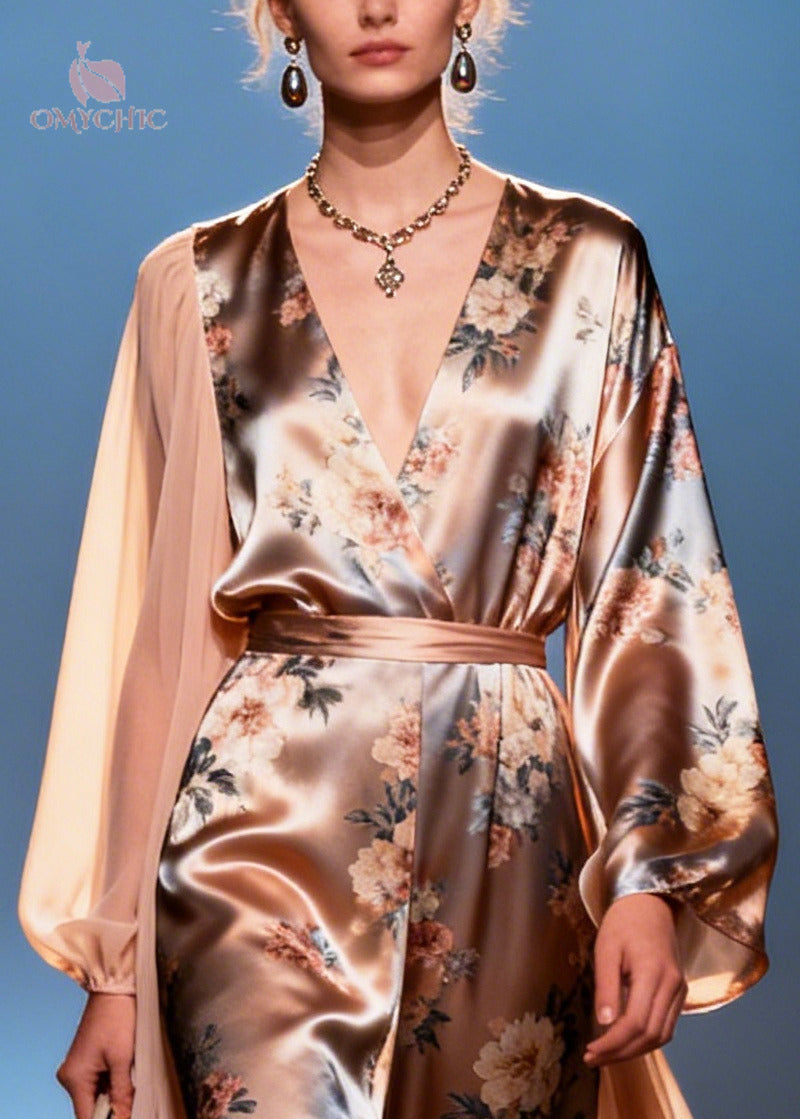 Floral Print Wrap Deep V-Neck Bishop Sleeve Wide Leg Cape Jumpsuit