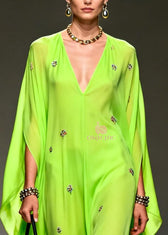 DIY Fluorescent Green Embroidered Chiffon Maxi Dresses Batwing Sleeve 2