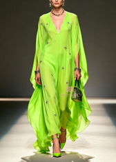 DIY Fluorescent Green Embroidered Chiffon Maxi Dresses Batwing Sleeve 3