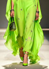 DIY Fluorescent Green Embroidered Chiffon Maxi Dresses Batwing Sleeve 4