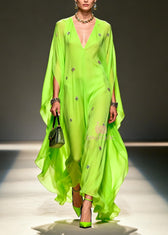 DIY Fluorescent Green Embroidered Chiffon Maxi Dresses Batwing Sleeve 5