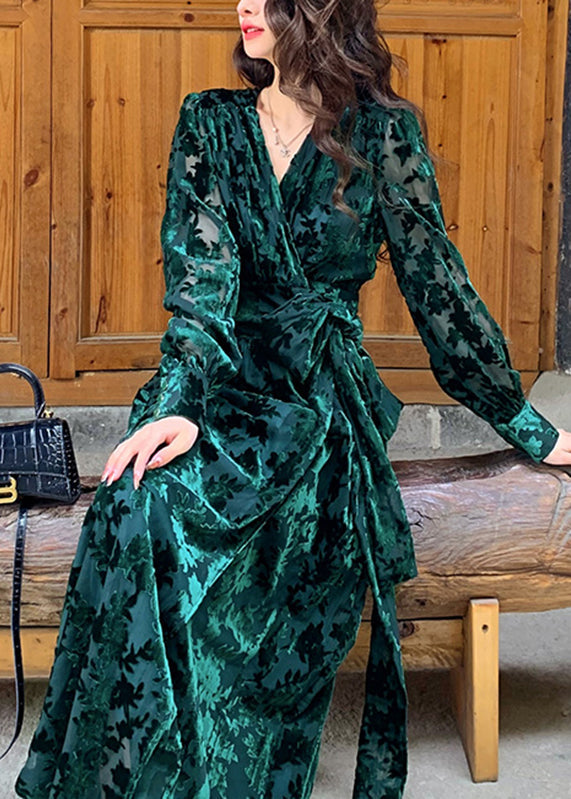 Velvet Burnout Floral Deep V-Neck Wrap Tie Waist Button Cuff Long Sleeve Maxi Gown