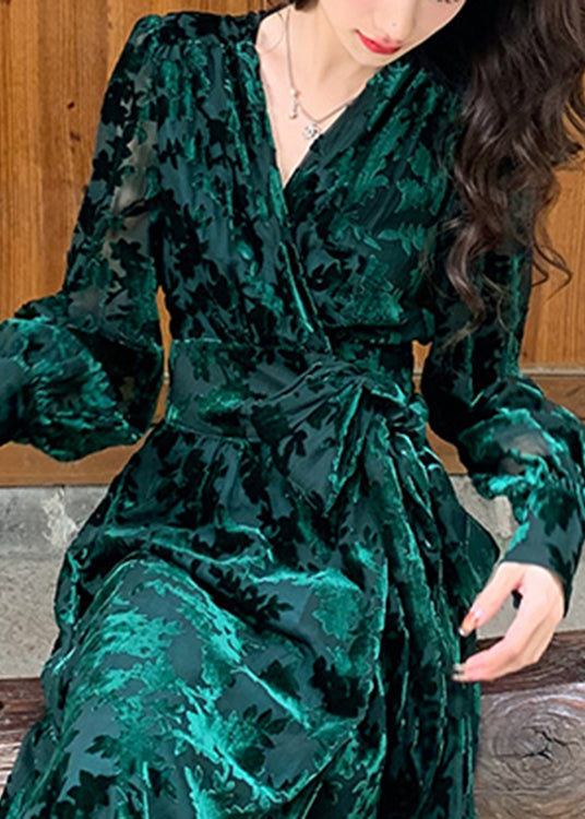 Velvet Burnout Floral Deep V-Neck Wrap Tie Waist Button Cuff Long Sleeve Maxi Gown