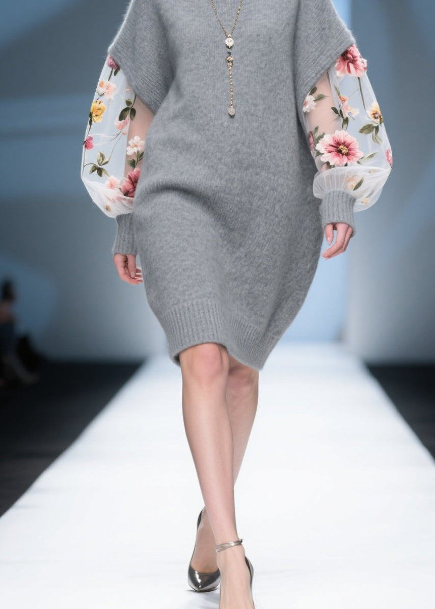Knit Cap Shoulder Tulle Floral Embroidered Puff Sleeve Mini Dress