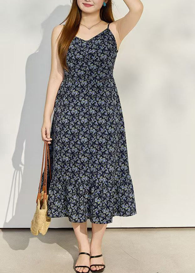 Ditsy Floral Spaghetti Strap V-Neck Ruched Bust Ruffle Hem Midi Dress