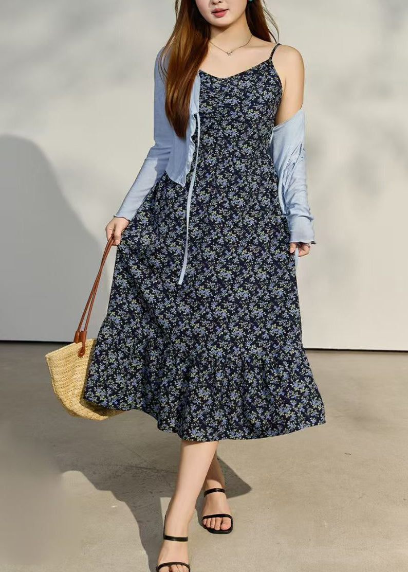 Ditsy Floral Spaghetti Strap V-Neck Ruched Bust Ruffle Hem Midi Dress