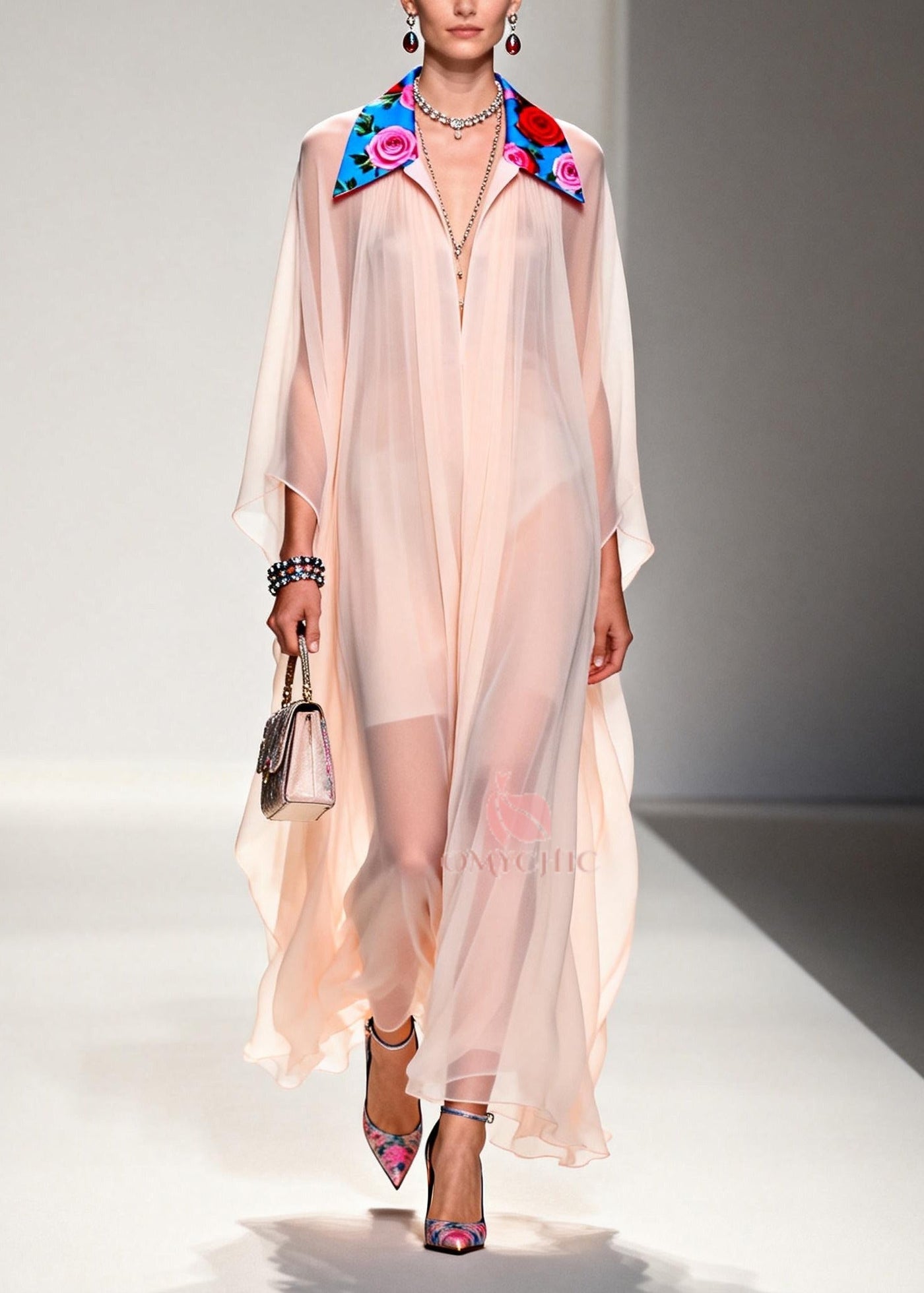 DIY Nude Peter Pan Collar Patchwork Chiffon Maxi Dress Summer 5