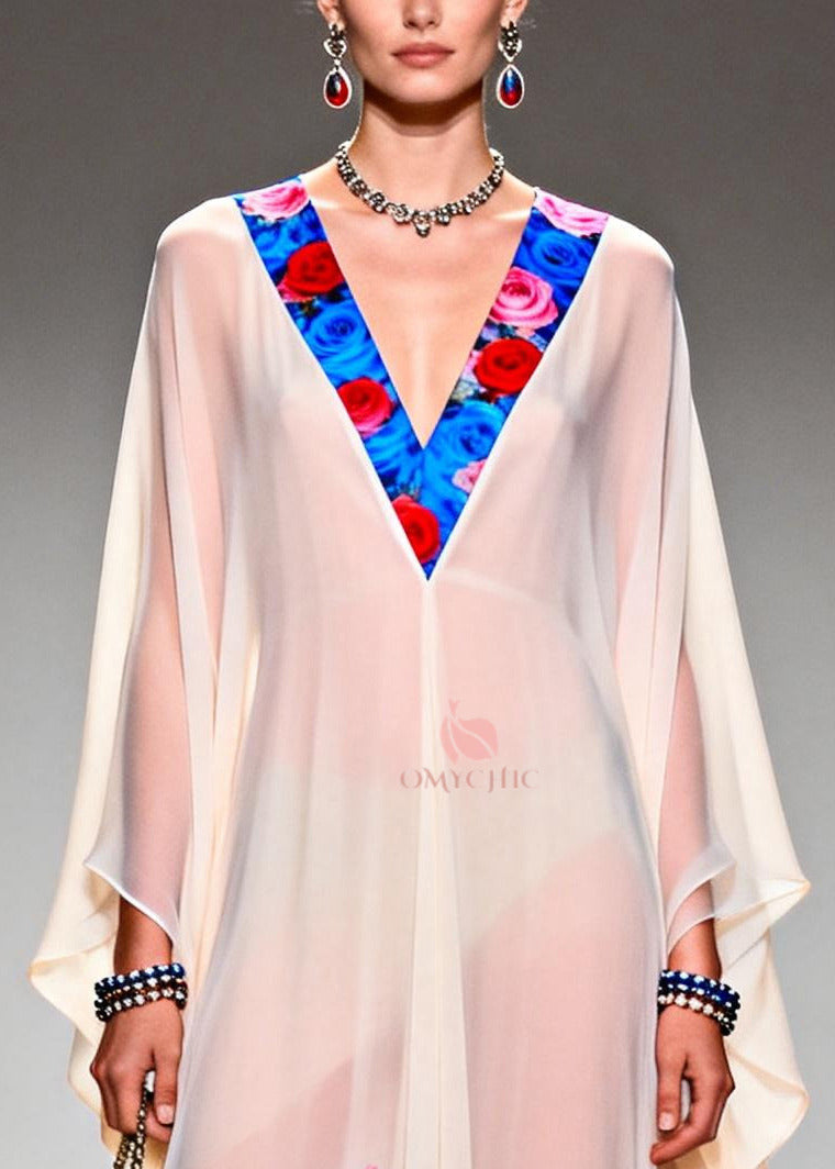 Sheer Chiffon Floral Trim V-Neck Kaftan Sleeve Rose Print Maxi Gown