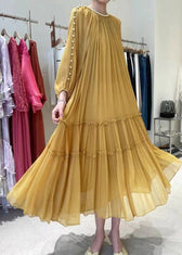 DIY Yellow O-Neck Nail bead Ruffled Silk Dress Long Sleeve 3