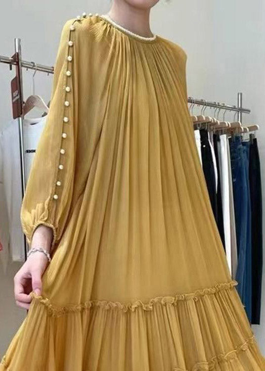 DIY Yellow O-Neck Nail bead Ruffled Silk Dress Long Sleeve 5