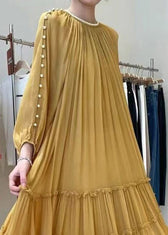 DIY Yellow O-Neck Nail bead Ruffled Silk Dress Long Sleeve 5