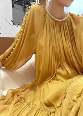 DIY Yellow O-Neck Nail bead Ruffled Silk Dress Long Sleeve 2