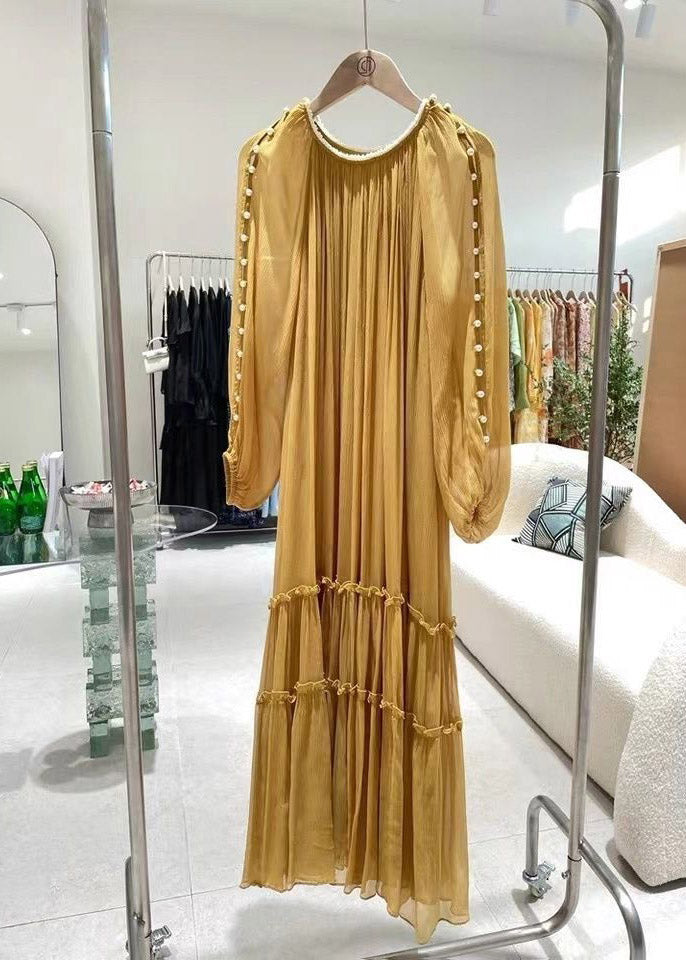 DIY Yellow O-Neck Nail bead Ruffled Silk Dress Long Sleeve 6