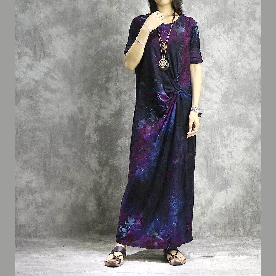 DIY o neck blended outfit Casual Shape purple prints long Dress summer