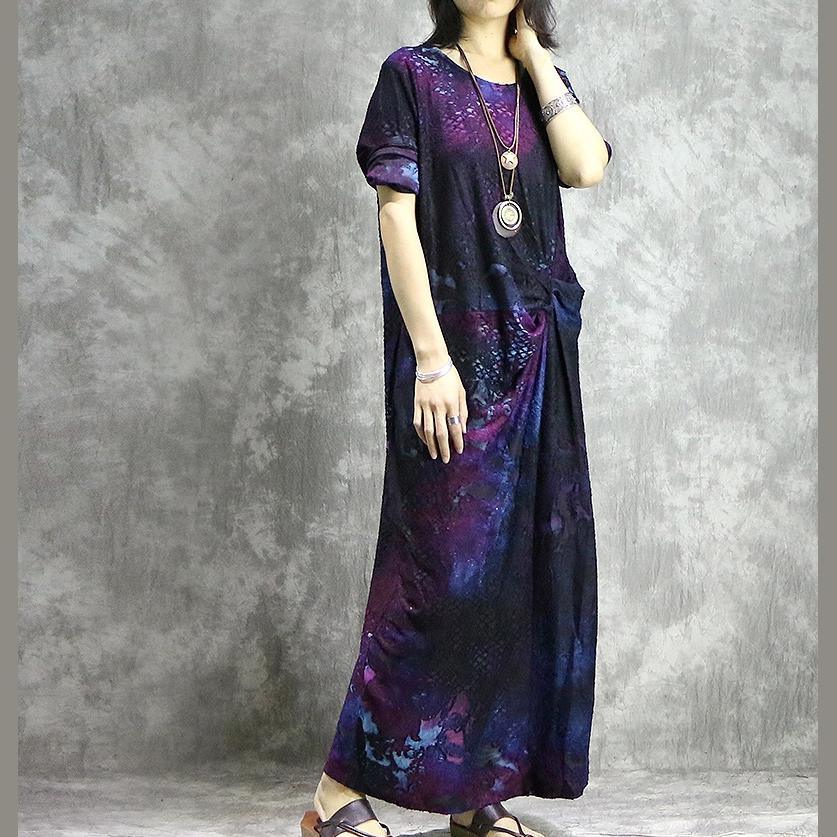 DIY o neck blended outfit Casual Shape purple prints long Dress summer