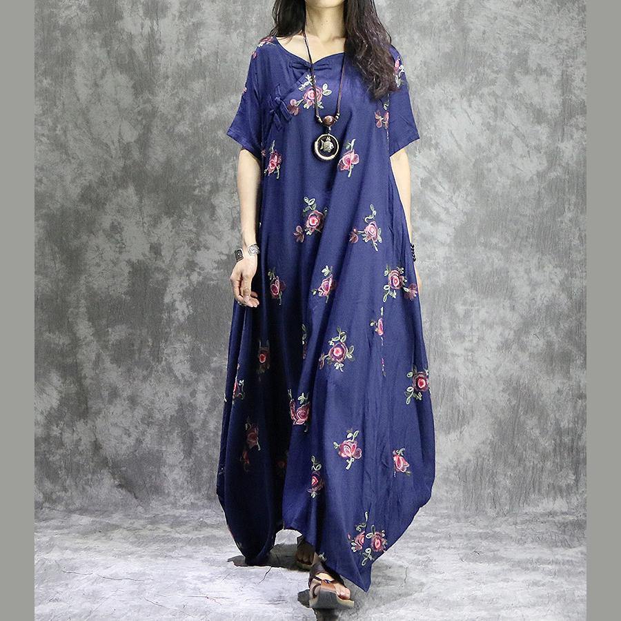 DIY short sleeve cotton linen Wardrobes stylish Sleeve blue prints Plus Size Clothing Dress summer