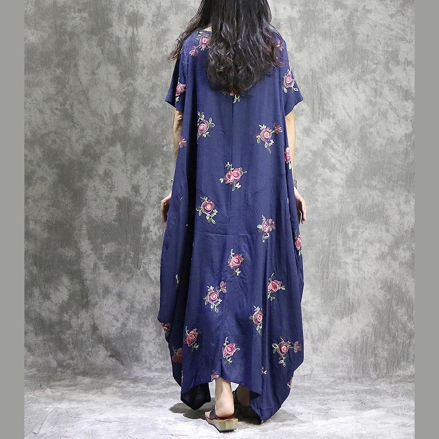 DIY short sleeve cotton linen Wardrobes stylish Sleeve blue prints Plus Size Clothing Dress summer