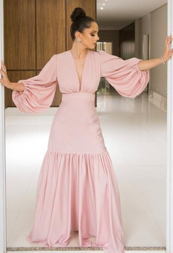 Elegant Pink Mermaid Prom Dress With Long Sleeves,Pink Evening Gown cc1290
