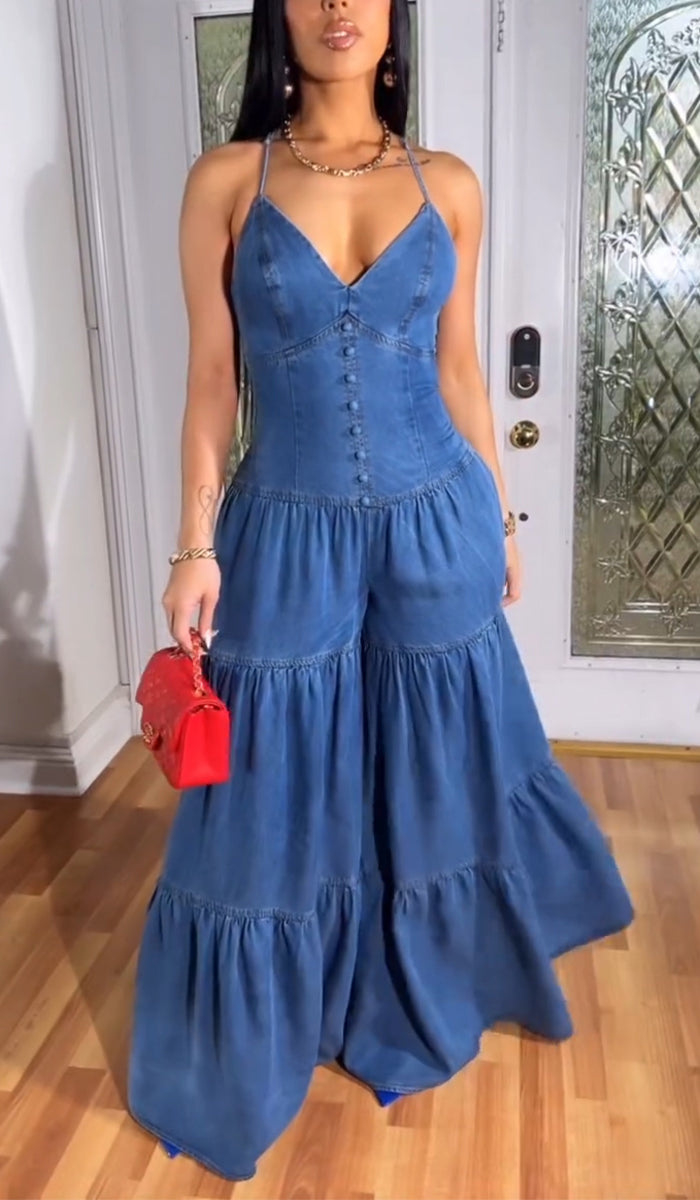 Sexy Halterneck Sleeveless Denim Dress Blue S