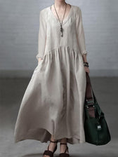 V-Neck Long Sleeve Pocket Drop Waist Maxi Dress