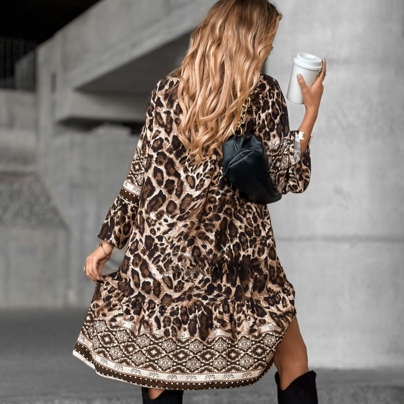 V-Neck Long Sleeve Bohemian Print Mini Dress 4