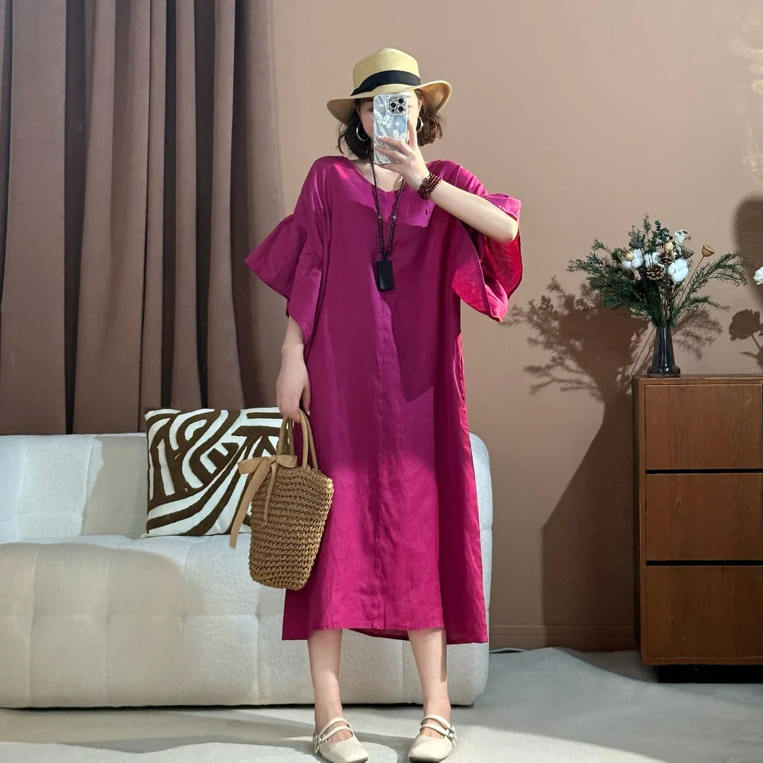 Round Neck Flare Sleeve Loose Linen Midi Dress Summer 2