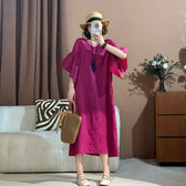 Round Neck Flare Sleeve Loose Linen Midi Dress Summer 2