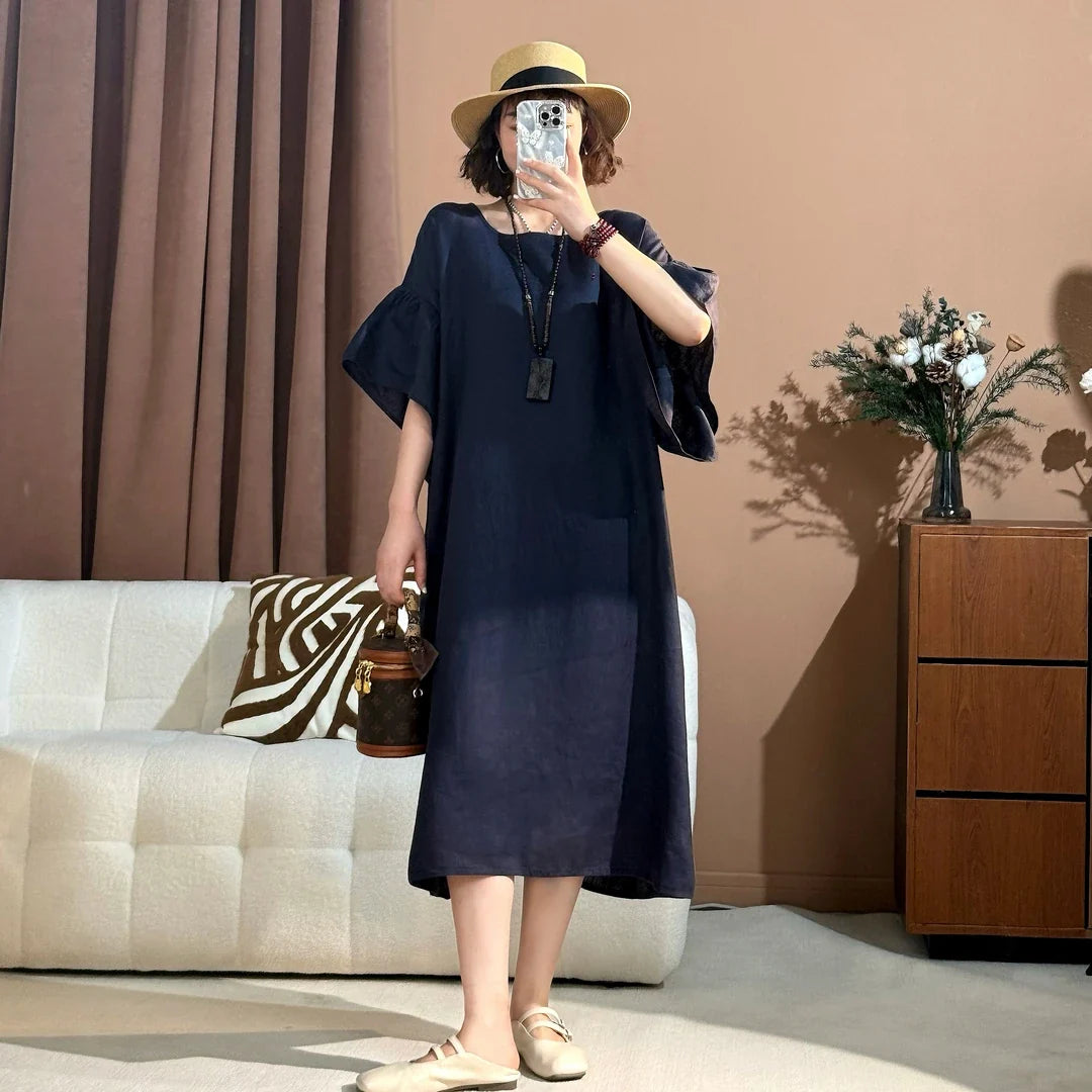 Round Neck Flare Sleeve Loose Linen Midi Dress Summer 4