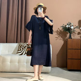 Round Neck Flare Sleeve Loose Linen Midi Dress Summer 4