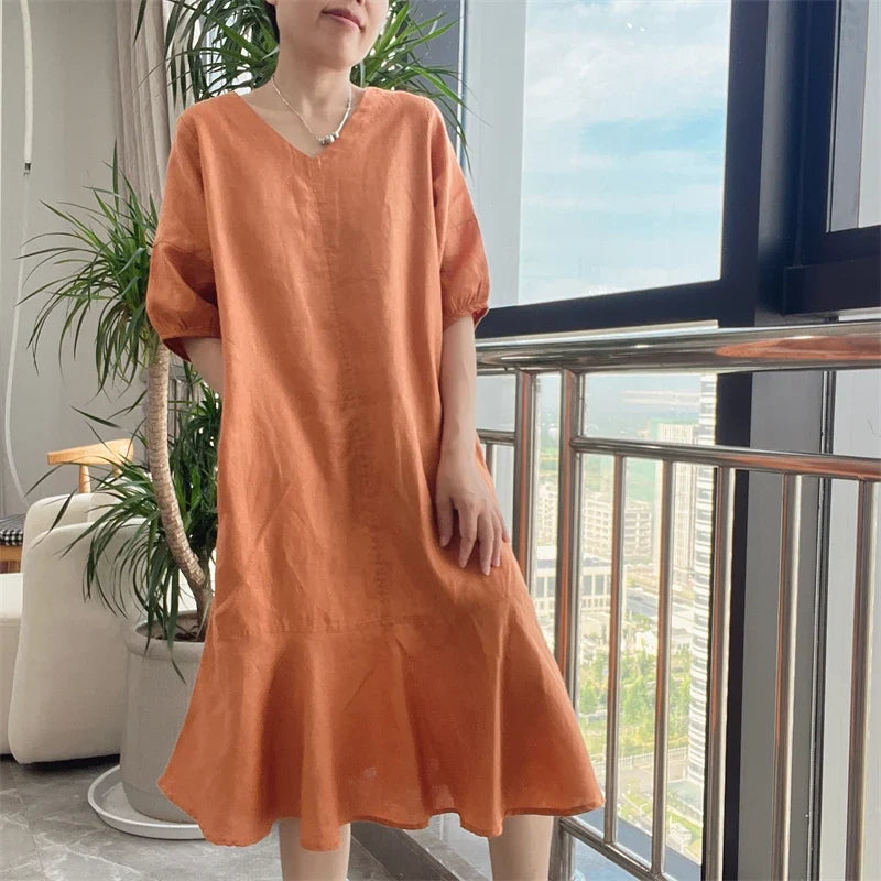 V-Neck Puff Sleeve Ruffle Hem Linen Midi Dress 4