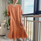 V-Neck Puff Sleeve Ruffle Hem Linen Midi Dress 4