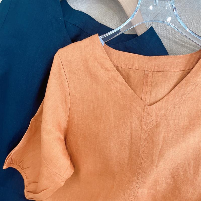 V-Neck Puff Sleeve Ruffle Hem Linen Midi Dress 10