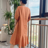 V-Neck Puff Sleeve Ruffle Hem Linen Midi Dress 5