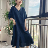 V-Neck Puff Sleeve Ruffle Hem Linen Midi Dress 7