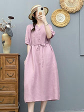 V-Neck Puff Sleeve Tie Waist Linen Midi Dress Summer 4