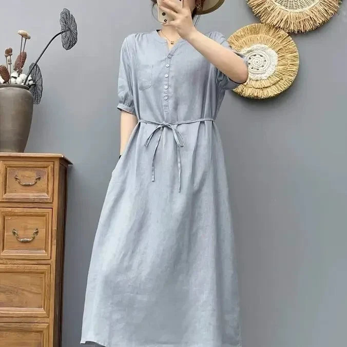V-Neck Puff Sleeve Tie Waist Linen Midi Dress Summer 6