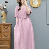 V-Neck Puff Sleeve Tie Waist Linen Midi Dress Summer 7