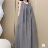 Round Neck Sleeveless Pleated Linen Maxi Dress Summer