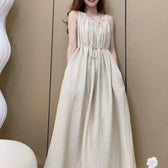 Round Neck Sleeveless Pleated Linen Maxi Dress Summer 3