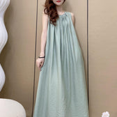 Round Neck Sleeveless Pleated Linen Maxi Dress Summer 4