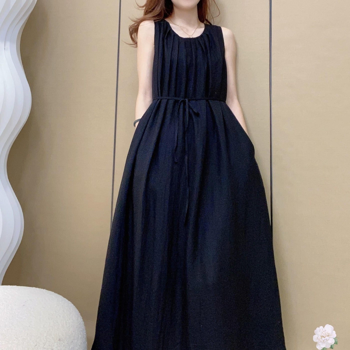 Round Neck Sleeveless Pleated Linen Maxi Dress Summer 5