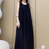 Round Neck Sleeveless Pleated Linen Maxi Dress Summer 6