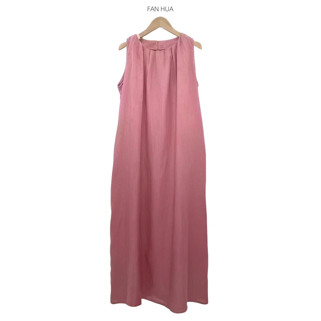 Round Neck Sleeveless Pleated Swing Maxi Dress Summer 5