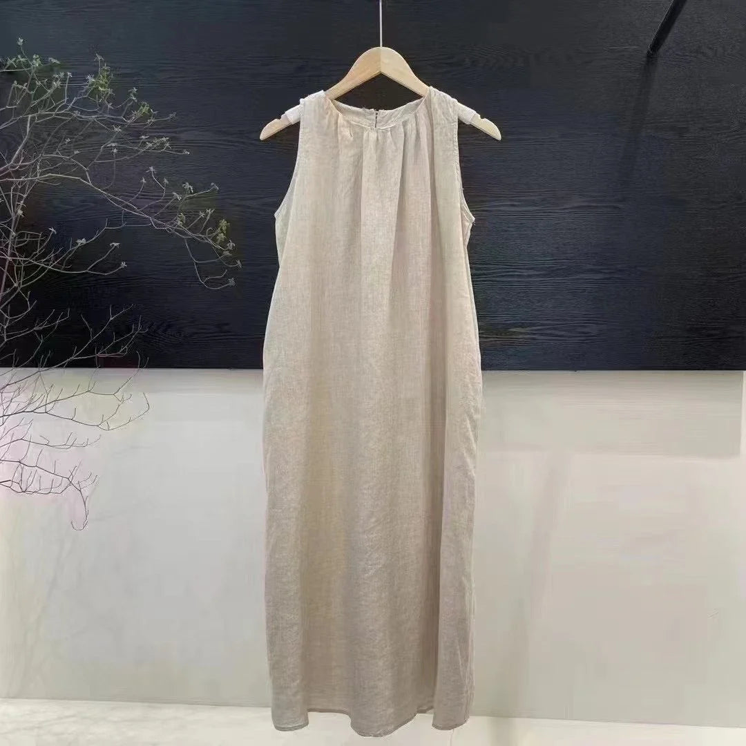 Round Neck Sleeveless Pleated Swing Maxi Dress Summer 6