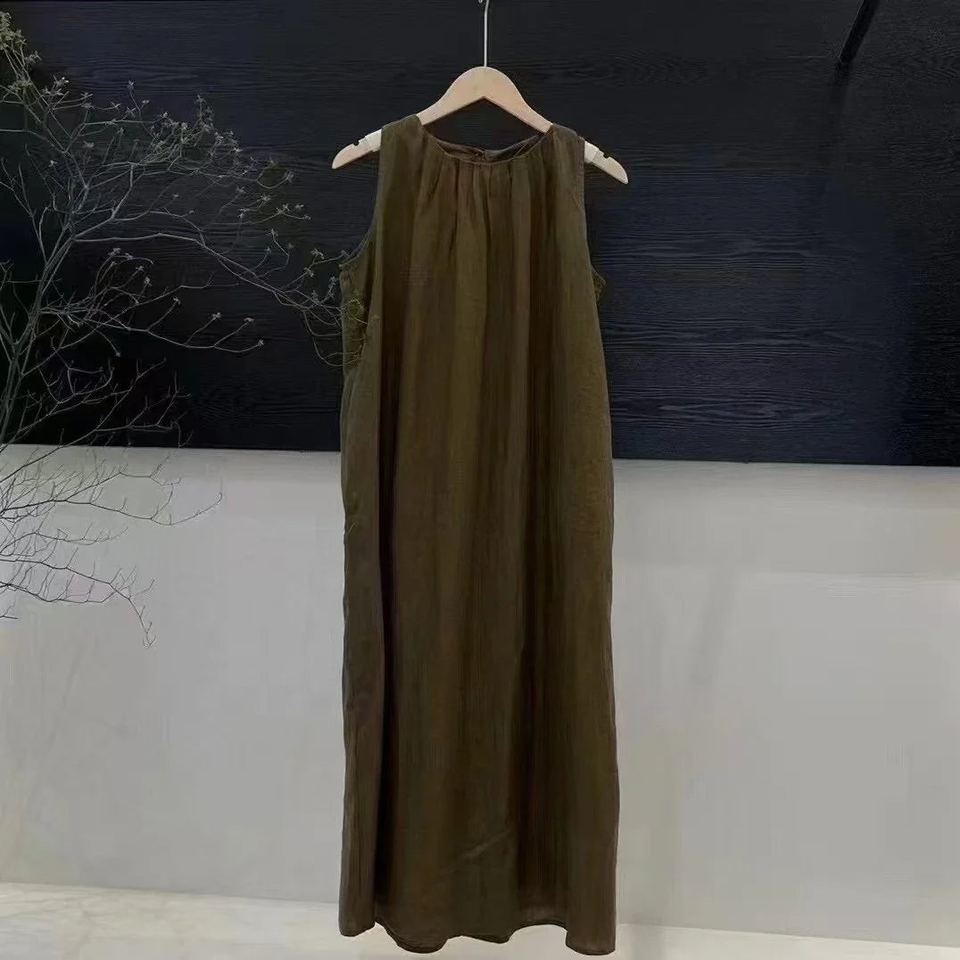 Round Neck Sleeveless Pleated Swing Maxi Dress Summer 7
