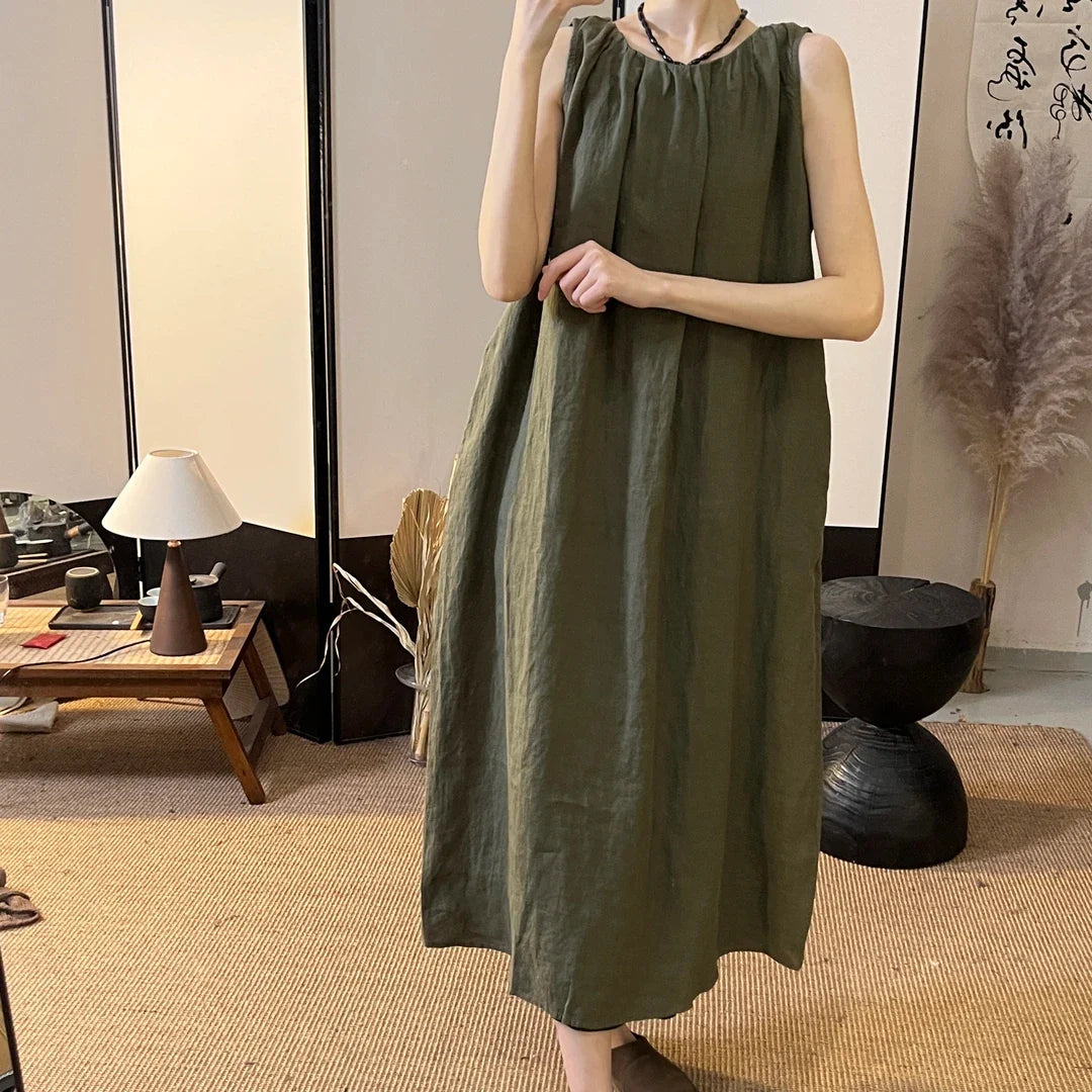 Round Neck Sleeveless Pleated Swing Maxi Dress Summer