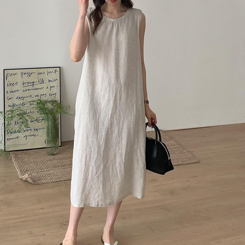 Round Neck Sleeveless Shift Linen Midi Dress Summer 9