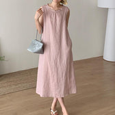 Round Neck Sleeveless Shift Linen Midi Dress Summer 12